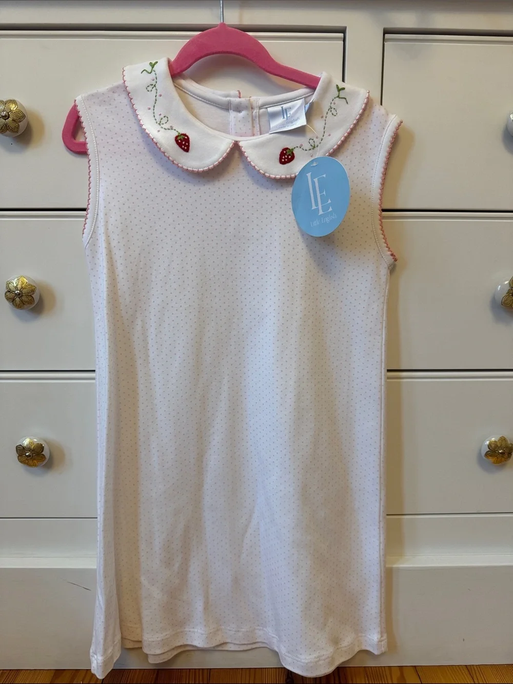 Little English Light Pink Sleeveless Dress with Embroidered Strawberry Collar